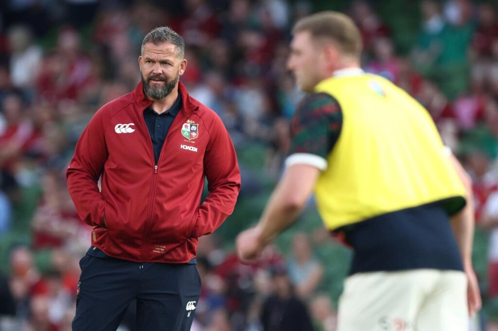 Andy Farrell gestures on the training pitch while coaching the British & Irish Lions ahead of their 2025 tour match.