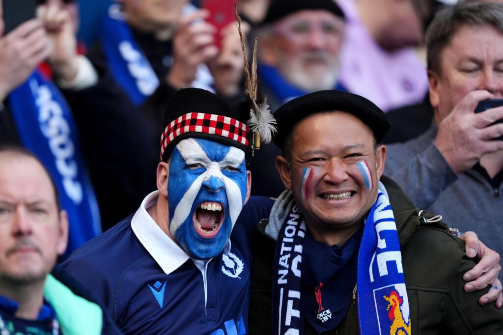 A Scotland fan is jubilant from their victory over France in the 6 nations 2026.