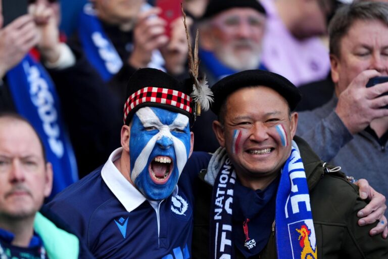 A Scotland fan is jubilant from their victory over France in the 6 nations 2026.